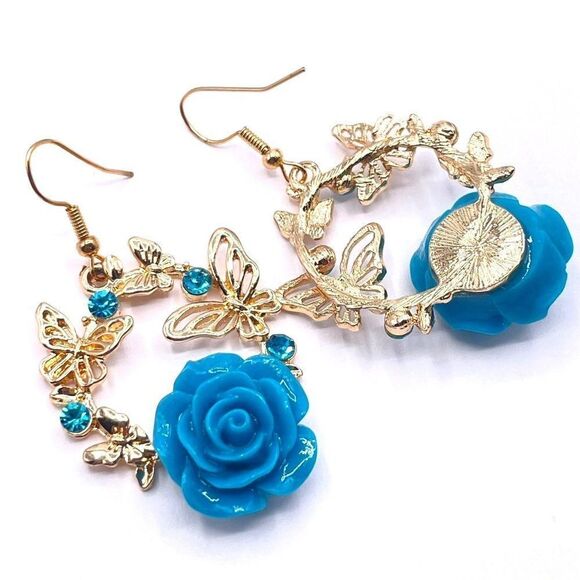 Yellow Gold with Blue Roses and Crystal Dangling Butterfly Hook Earrings - Picture 7 of 8